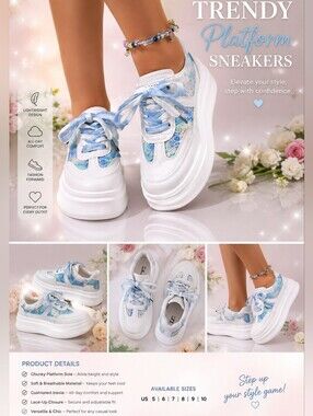 **TRENDY PLATFORM SNEAKERS WHIT BLUE FLORAL ACCENTS**🩵🤍👟👟🩵🤍🤍💲💲💲💲💲💲
